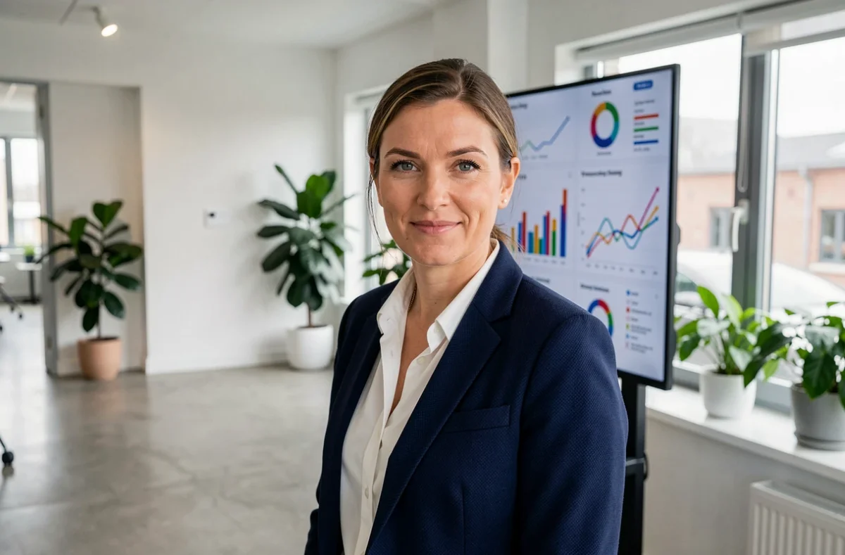 Marketingprofessional presenteert digitale trenddata en prestatiemetingen op een groot touchscreen in een modern bureau