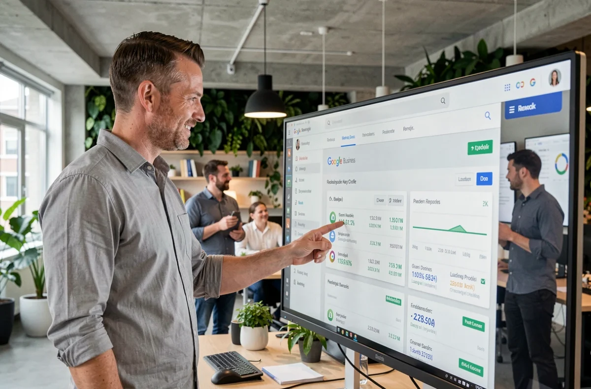 Marketingprofessional analyseert lokale SEO-statistieken op groot scherm in modern Rotterdam kantoor