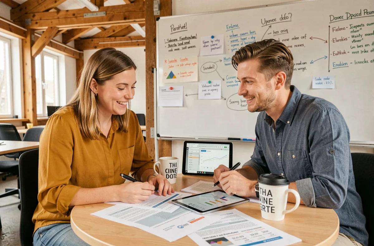 Twee marketingprofessionals bespreken e-mailmarketingresultaten en statistieken op tablet in co-working space