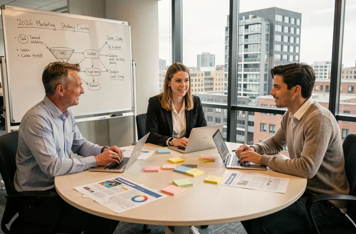 Divers marketingteam bespreekt marketingstrategie en trends voor 2026 tijdens een vergadering in een modern Rotterdam-kantoor