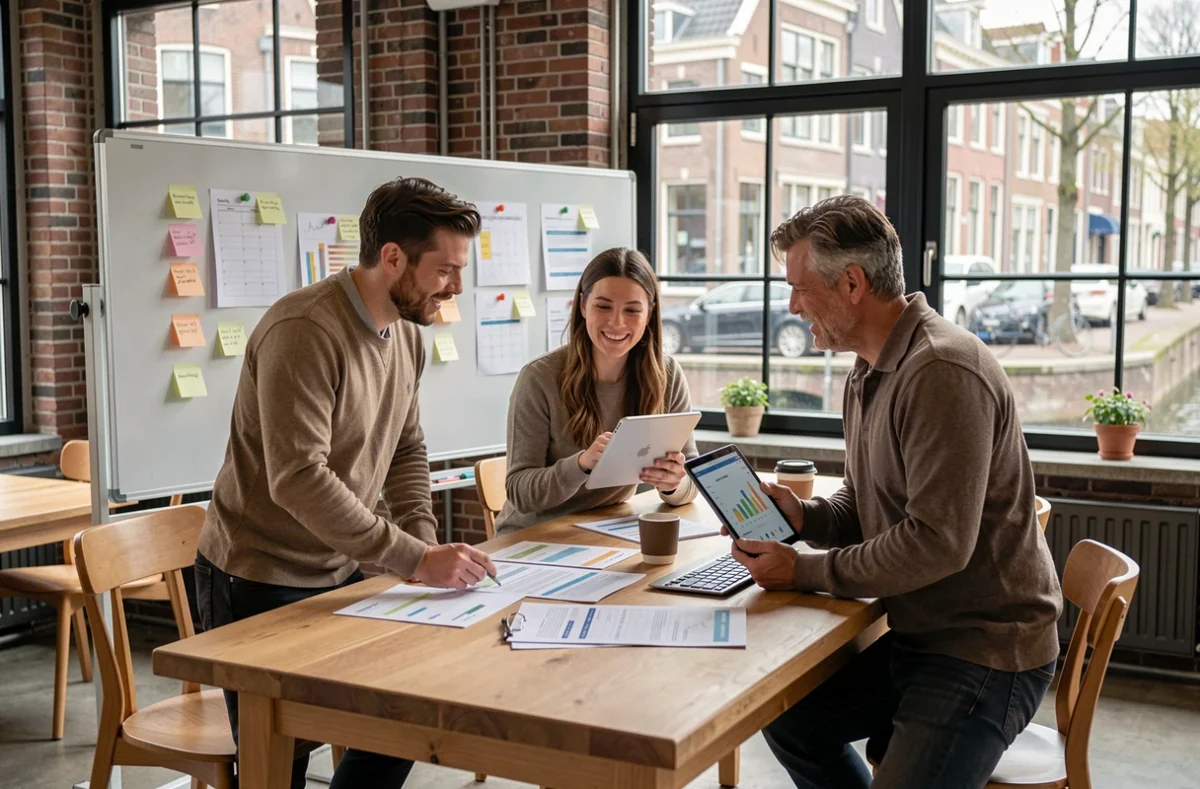 Marketingteam bespreekt contentmarketingstrategie samen aan een tafel in een Nederlandse co-working ruimte met kanaalzicht