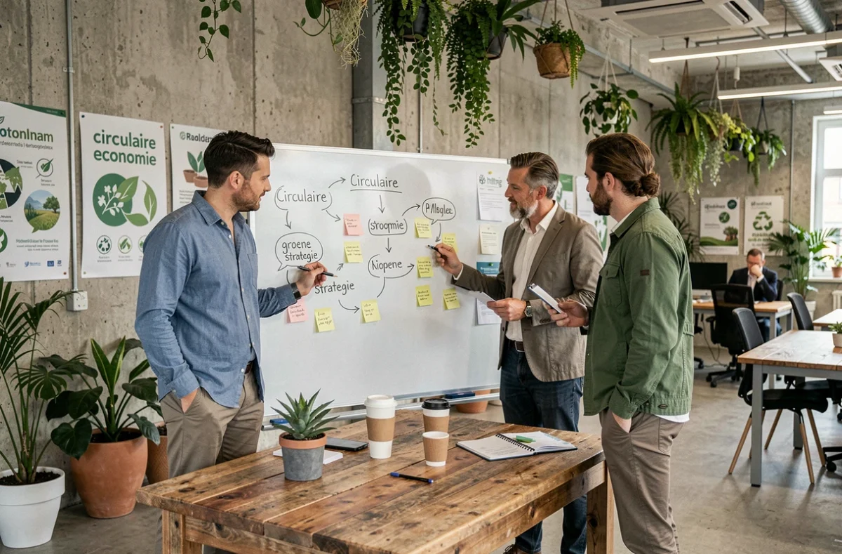 Marketingteam brainstormt over duurzame strategie op whiteboard in moderne co-working ruimte in Rotterdam