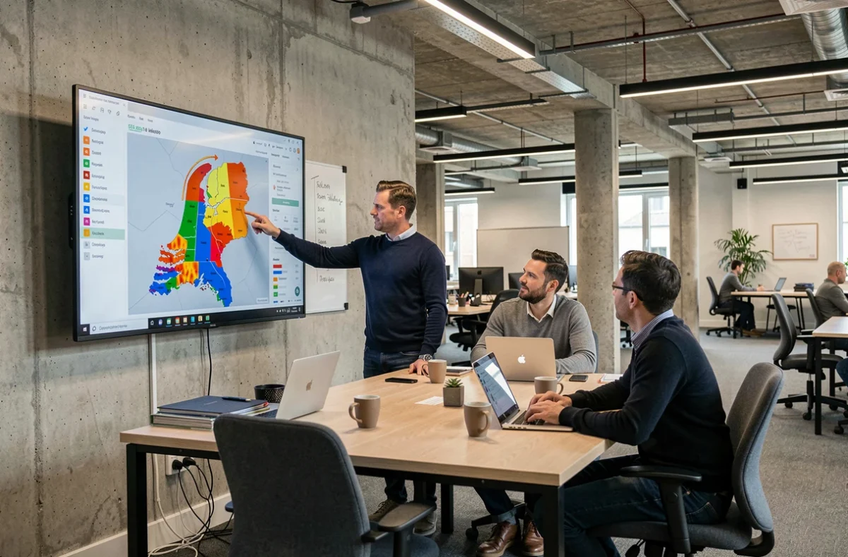 MKB-team bespreekt lokale SEO-zoekwoordenstrategie voor Nederland op groot scherm in co-working space