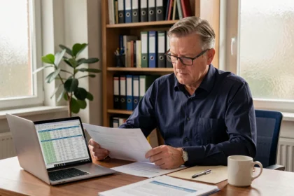 Nederlandse man bestudeert belastingdocumenten en spreadsheets op laptop aan houten bureau in thuiskantoor