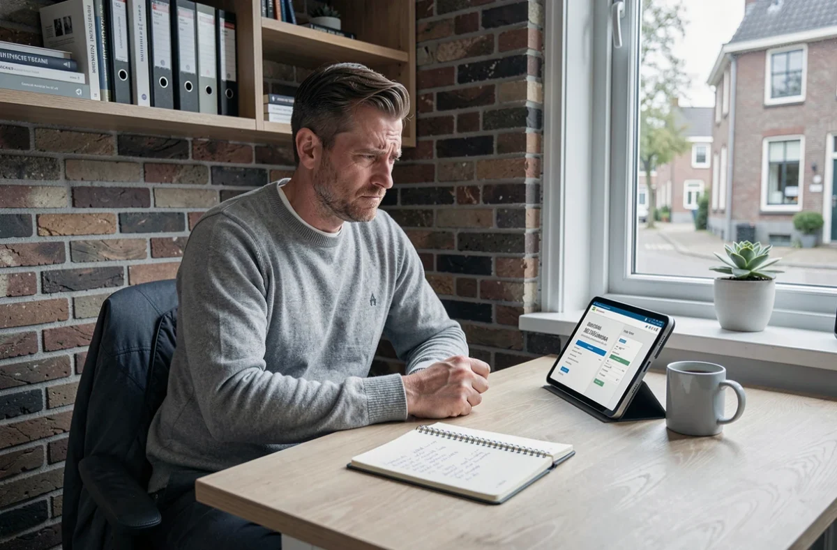 Nederlandse ondernemer werkt thuis aan belastingaangifte via tablet