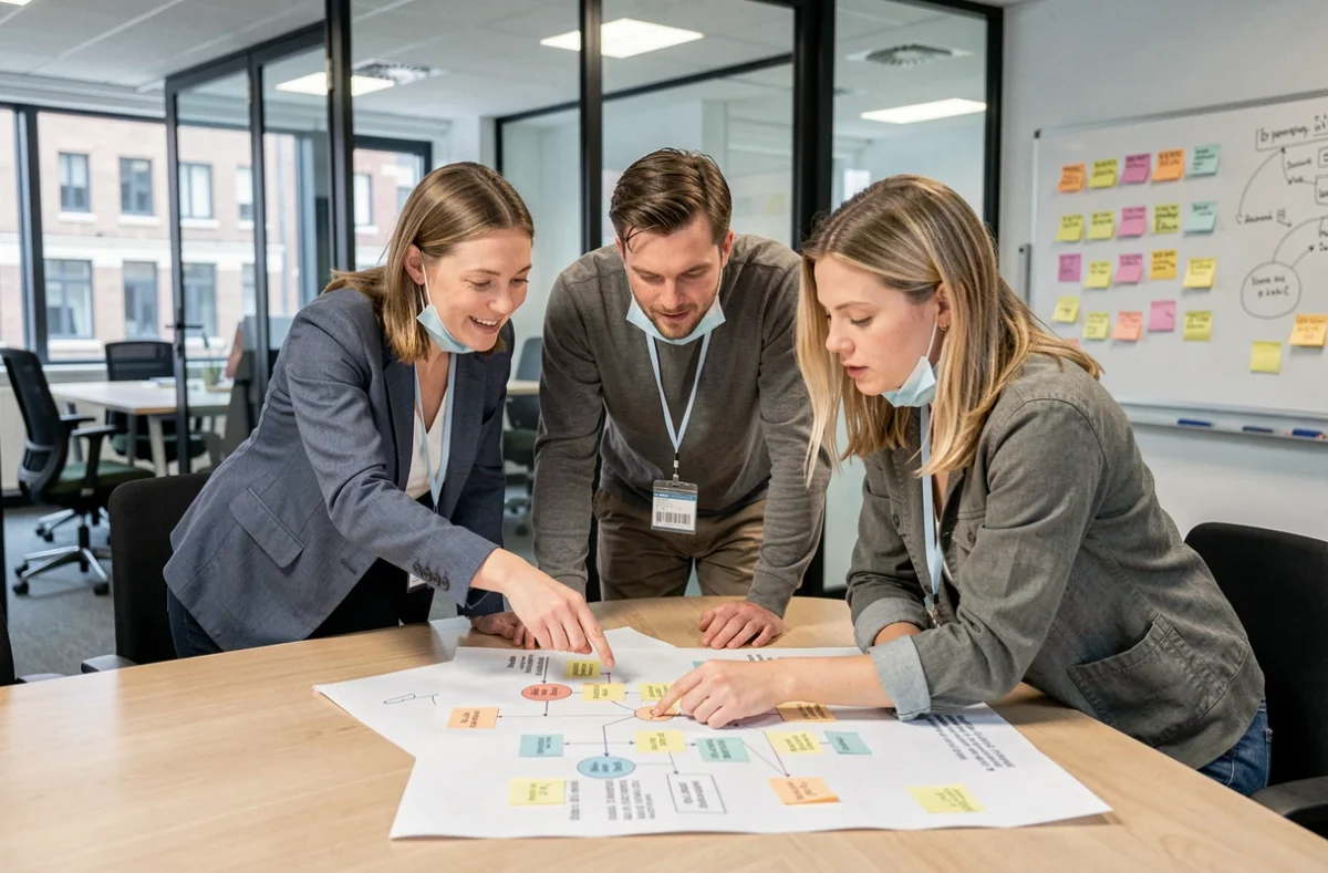 Nederlands zakelijk team bespreekt crisismanagement en bedrijfscontinuïteitsplan na COVID-19 pandemie