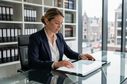 Nederlandse advocaat bekijkt juridische documenten op een tablet in een modern kantoor in Amsterdam
