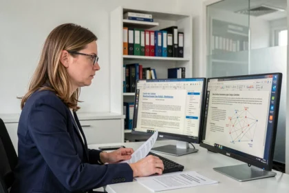 Nederlandse advocate bestudeert cybercrimewetgeving op kantoor in Amsterdam in 2026