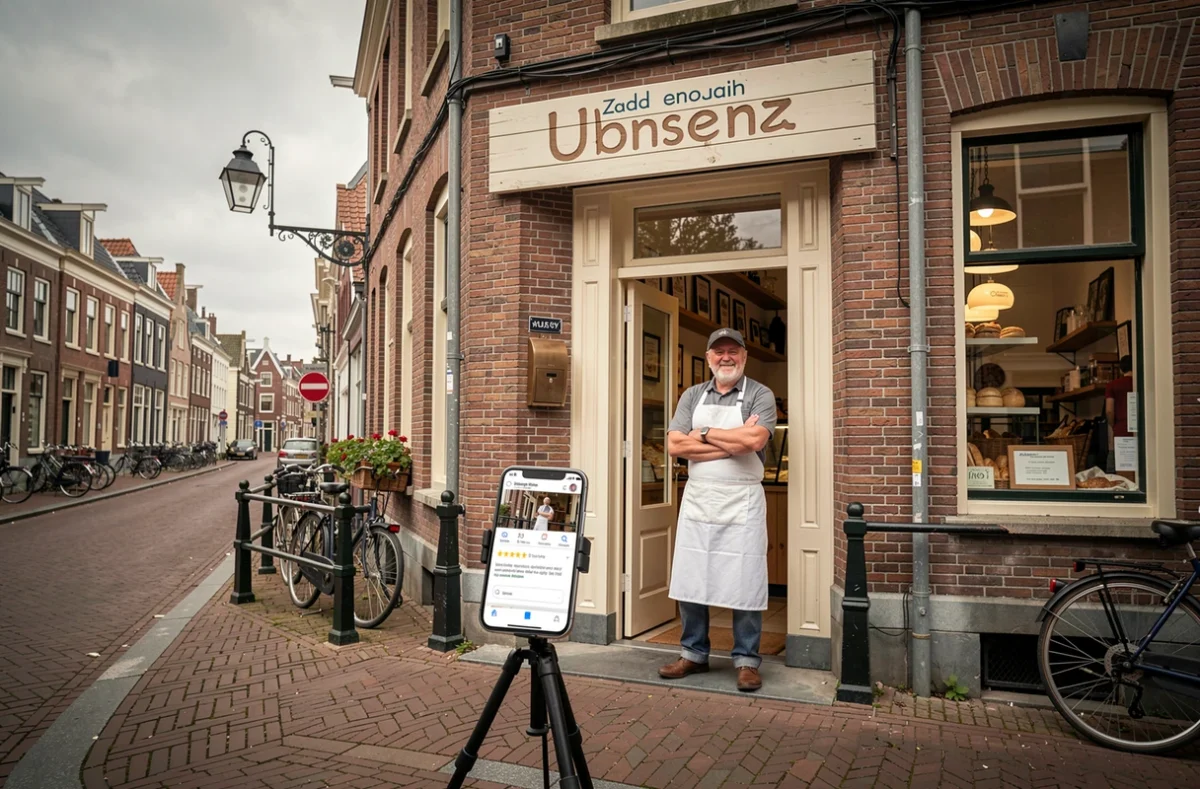 Nederlandse bakker staat trots voor zijn bakkerij terwijl een smartphone lokale Google-reviews toont in Utrecht