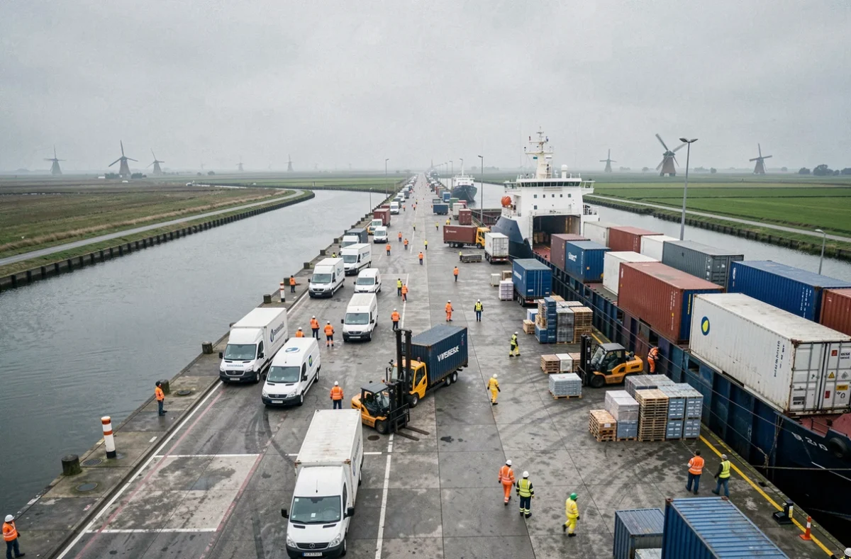Luchtperspectief op een drukke Nederlandse binnenhaven met logistieke activiteit