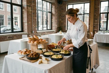 Professionele cateraar arrangeert een traditioneel Nederlands buffet met bitterballen, kaas en vers brood in een moderne evenementenhal