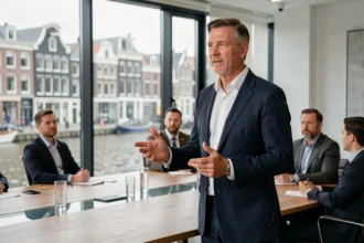 Zelfverzekerde Nederlandse CEO in donker pak presenteert strategie aan directieteam in moderne vergaderzaal met uitzicht op Amsterdamse grachten