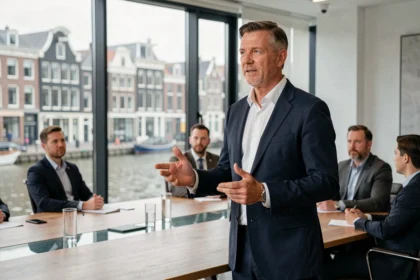 Zelfverzekerde Nederlandse CEO in donker pak presenteert strategie aan directieteam in moderne vergaderzaal met uitzicht op Amsterdamse grachten