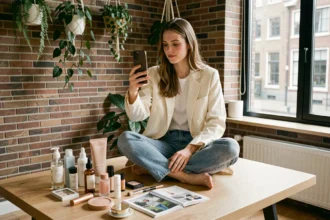 Jonge Nederlandse vrouw als influencer die productfoto's maakt met een smartphone in een moderne Amsterdamse loftstudio voor influencer marketing