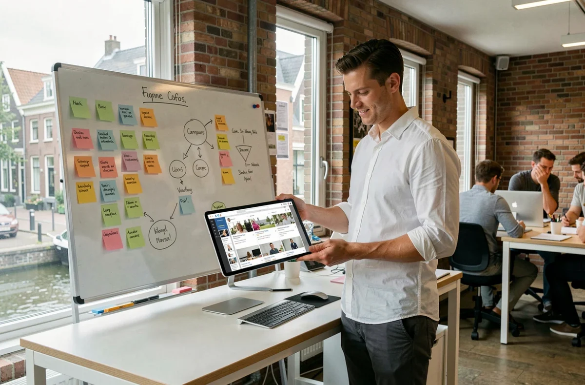 Jonge Nederlandse marketeer presenteert digitale merkstrategie op tablet in een startup kantoor in Rotterdam