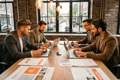 Team van marketingprofessionals bespreekt campagnestrategie rond een vergadertafel in een modern Amsterdams kantoor