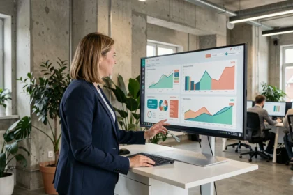 Nederlandse marketingprofessional analyseert marketingtrends voor 2026 op een interactief dashboardscherm in een modern Amsterdams kantoor