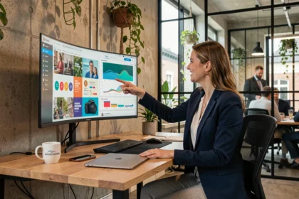 Nederlandse marketingprofessional analyseert digitale campagneresultaten op een groot scherm in een modern Amsterdams kantoor