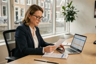 Nederlandse vrouw bekijkt belastingdocumenten op kantoor in 2026