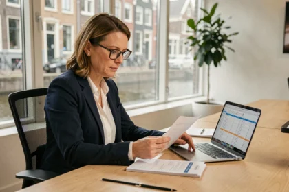 Nederlandse vrouw bekijkt belastingdocumenten op kantoor in 2026