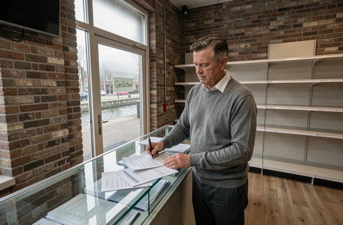 Nederlandse ondernemer in gesloten winkel bestudeert financiële documenten tijdens COVID-19 lockdown