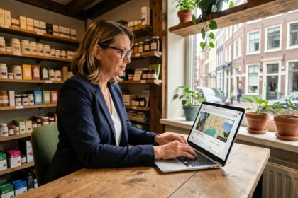 Nederlandse vrouwelijke ondernemer bekijkt lokale SEO-resultaten op laptop in haar Amsterdamse winkel