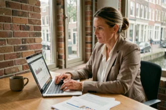 Nederlandse ondernemer analyseert SEO-strategie op laptop in modern kantoor in Amsterdam