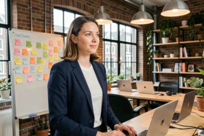 Jonge vrouwelijke oprichter van een Nederlandse startup in een modern kantoor in Amsterdam met zichtbare bakstenen muren en kanaluitzicht