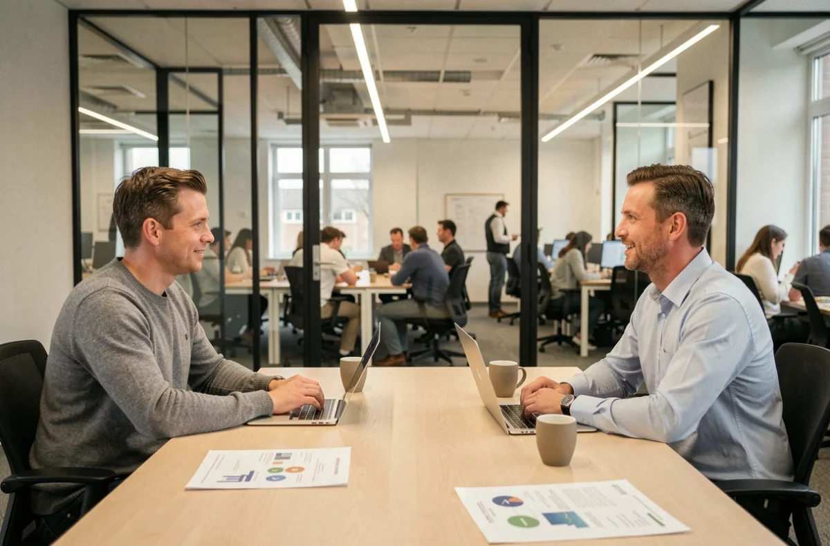 Twee Nederlandse tech-ondernemers overleggen in een glazen vergaderruimte bij een startup-accelerator in Rotterdam