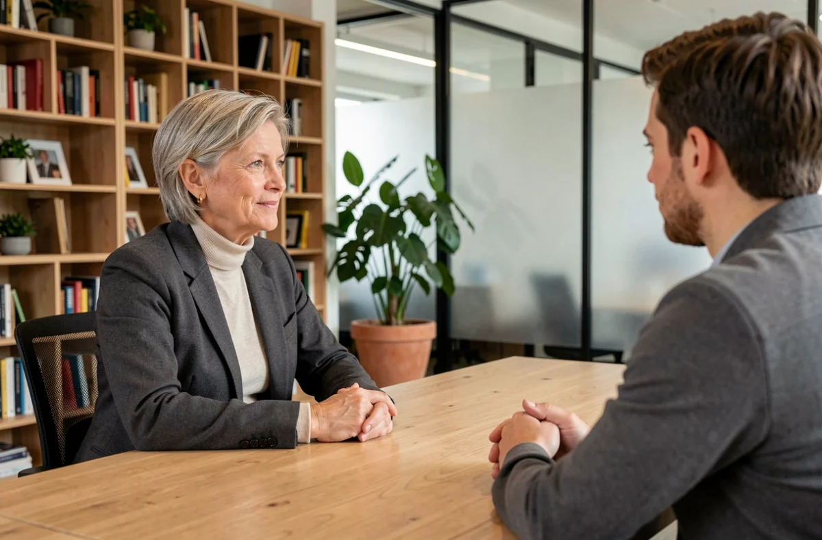 Ervaren Nederlandse CEO in gesprek met jonge medewerker tijdens mentorgesprek in modern Amsterdams kantoor met open werkruimte
