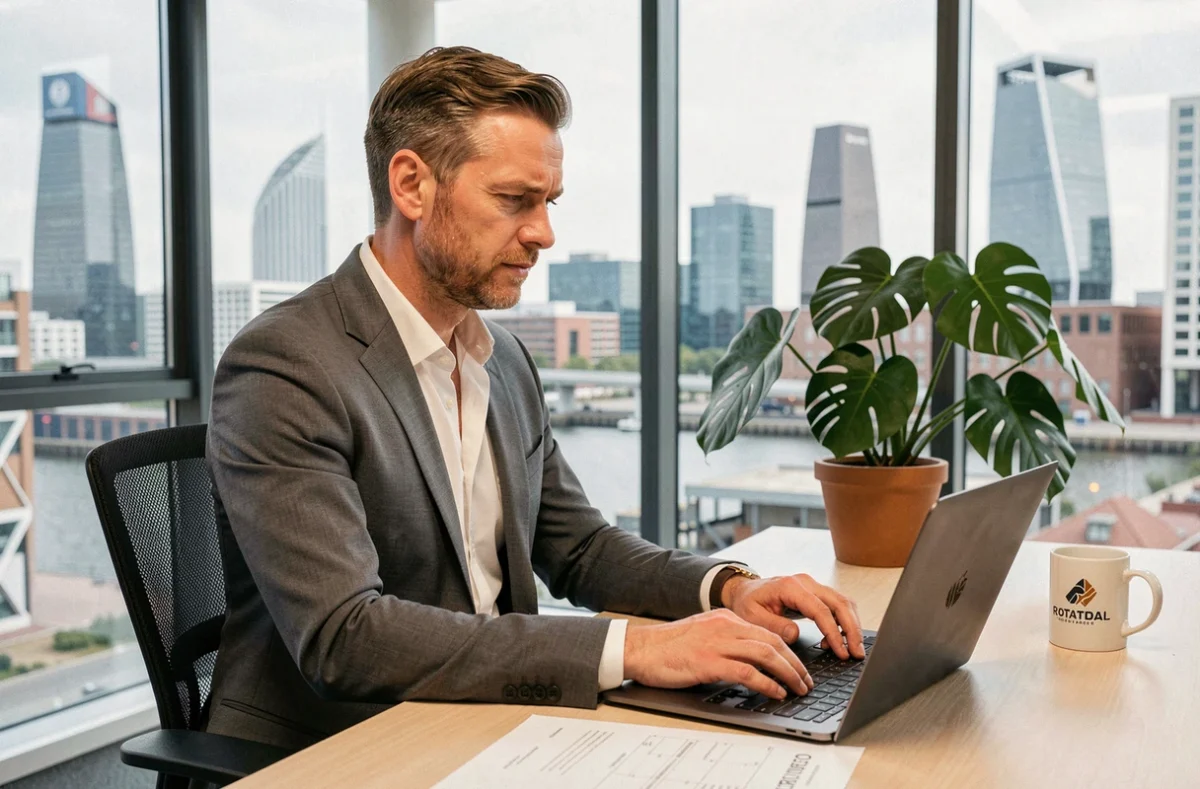 Nederlandse zakenman schrijft een blogpost voor contentmarketing in een modern kantoor met uitzicht op de skyline van Rotterdam