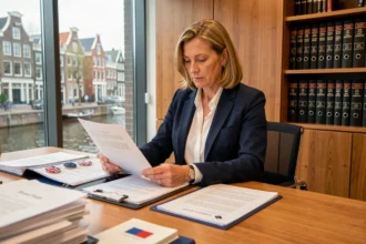 Nederlandse zakenvrouw bestudeert juridische Brexit-documenten in een Amsterdams advocatenkantoor