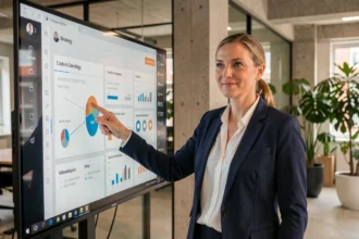 Nederlandse zakenvrouw presenteert een contentmarketingstrategie op een groot scherm in een modern kantoor in Amsterdam