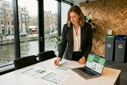 Nederlandse zakenvrouw bekijkt duurzaamheidsrapporten op kantoor in Amsterdam als onderdeel van de marketingstrategie