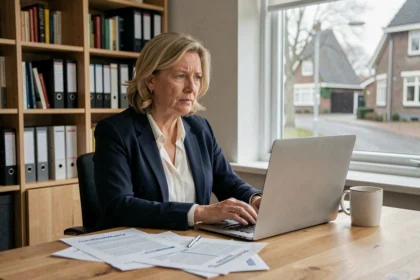 Nederlandse zakenvrouw werkt thuis op laptop tijdens COVID-19 pandemie voor bedrijfscontinuïteit overleg