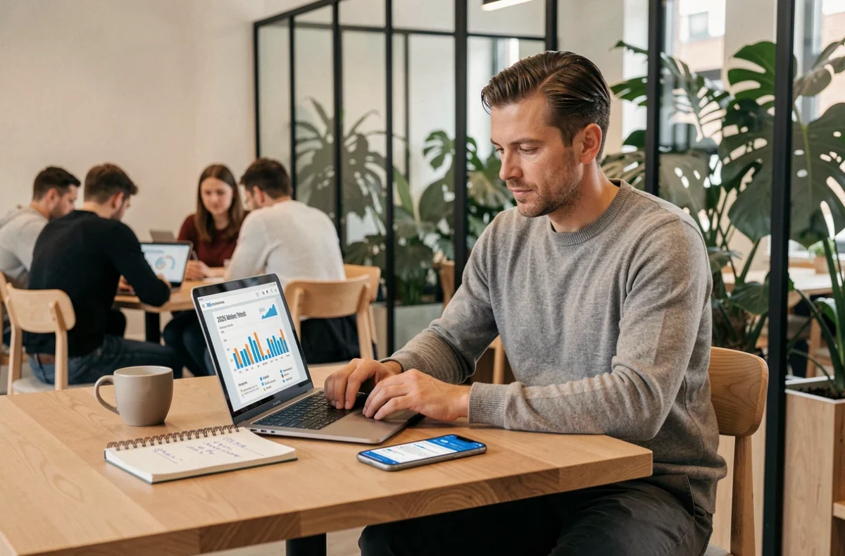 Nederlandse ondernemer bestudeert digitale marketingtrends voor 2026 op laptop in een modern co-working café
