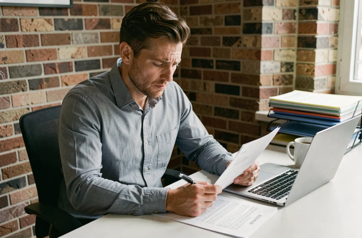 Ondernemer leest juridisch contract aandachtig door aan bureau in eigen bedrijfsruimte