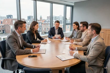 Vergadering van de ondernemingsraad in een modern Nederlands kantoor met medewerkers rondom een vergadertafel
