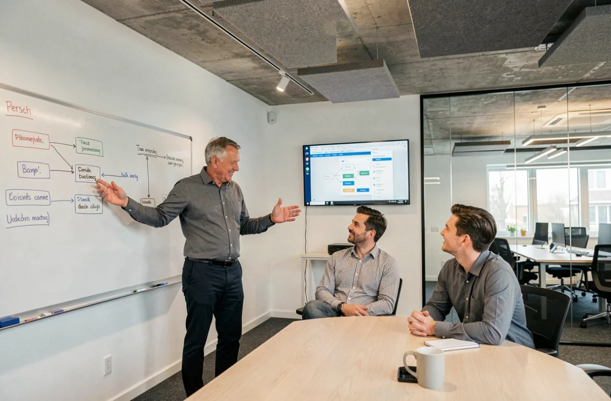 Man presenteert digitaliseringsproces op whiteboard aan collega's in een Nederlands technologiebedrijf