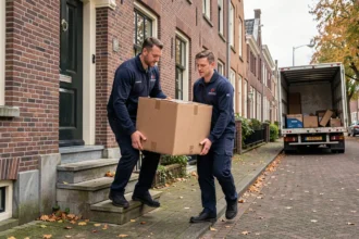 Twee professionele verhuizers dragen een grote verhuisdoos uit een traditioneel Nederlands rijtjeshuis naar een verhuiswagen