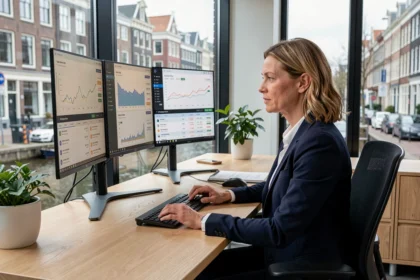 Professionele vrouw analyseert SEO-statistieken op meerdere monitors in een modern Amsterdams kantoor met uitzicht op de grachten