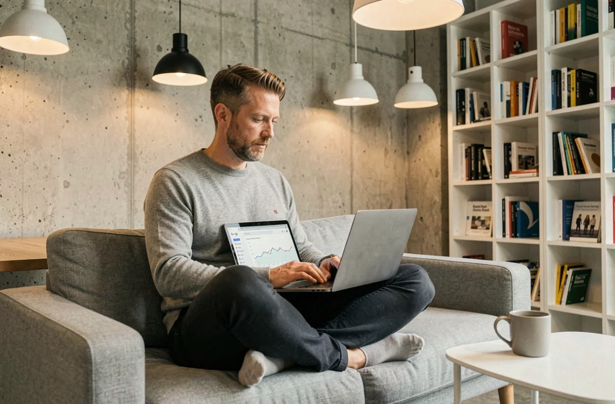 Man werkt aan SEO-strategie op laptop in moderne coworking ruimte in Rotterdam met Google Search Console geopend