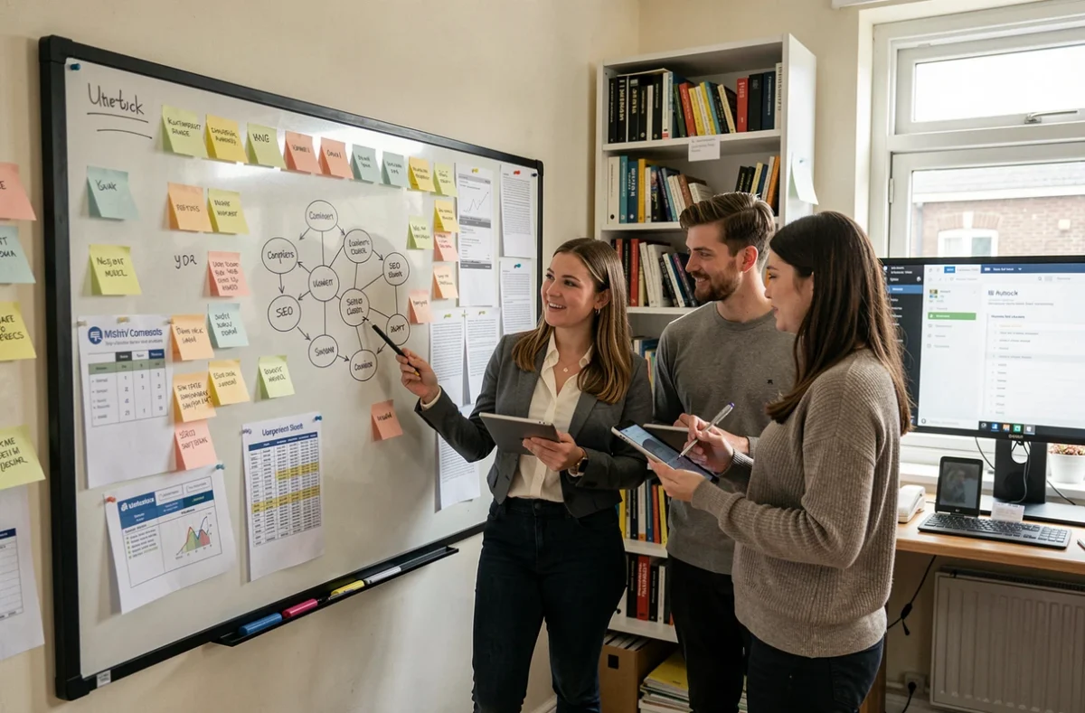Team van digitale marketingprofessionals bespreekt SEO-campagnestrategie bij een whiteboard vol zoekwoordkaarten in een Utrechts bureau