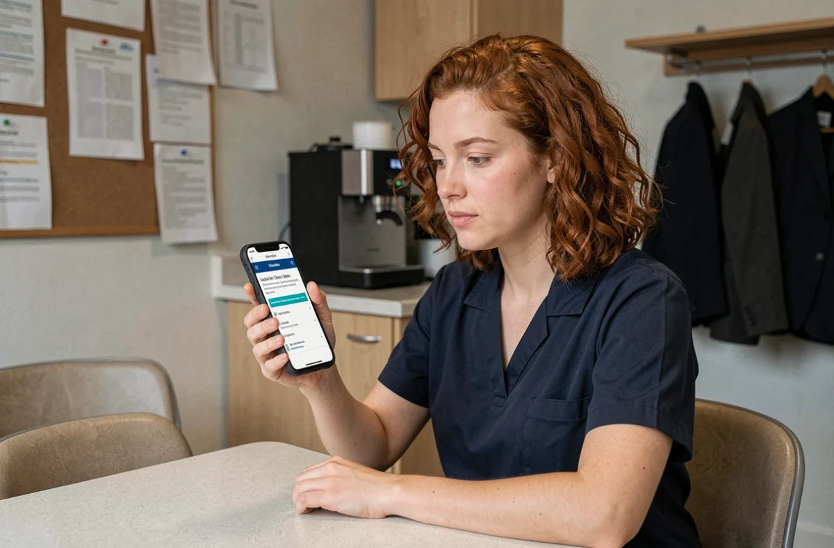 Serveerster leest informatie over arbeidsrecht in horeca op smartphone tijdens pauze