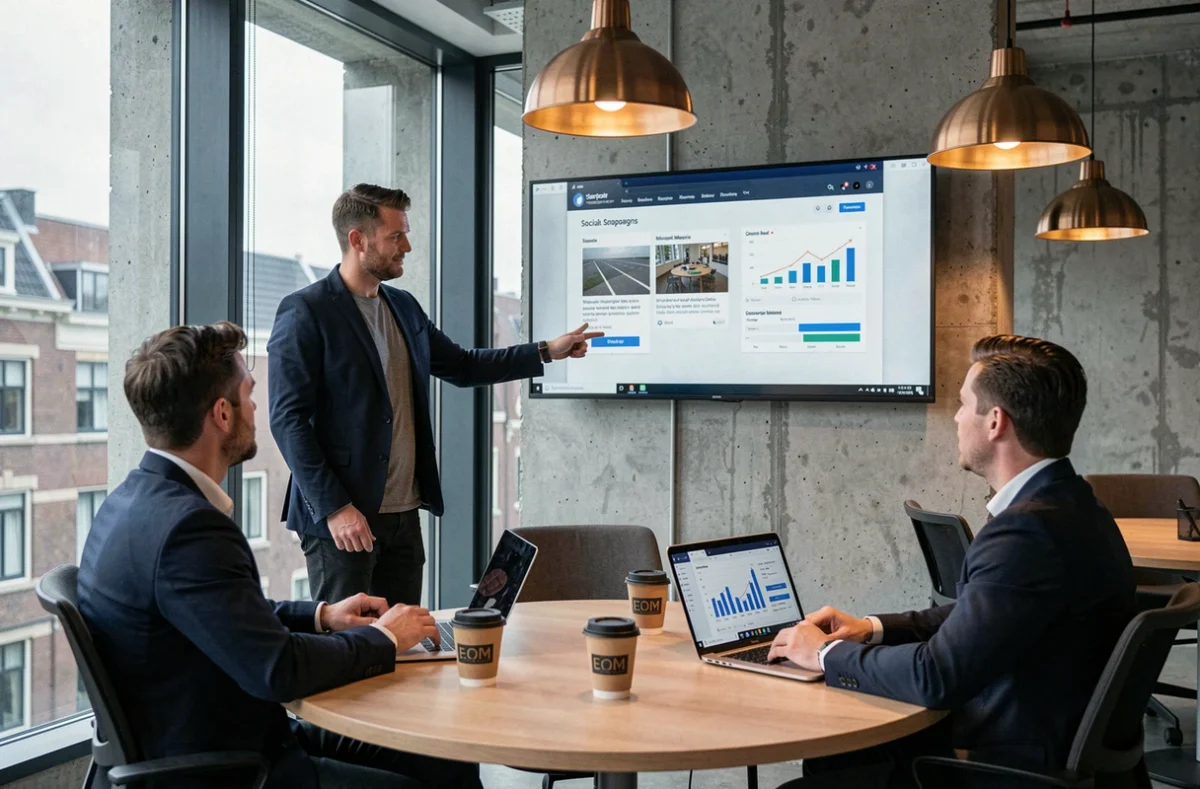 Nederlandse marketeer presenteert social media campagneresultaten aan collega's in een modern kantoor in Rotterdam