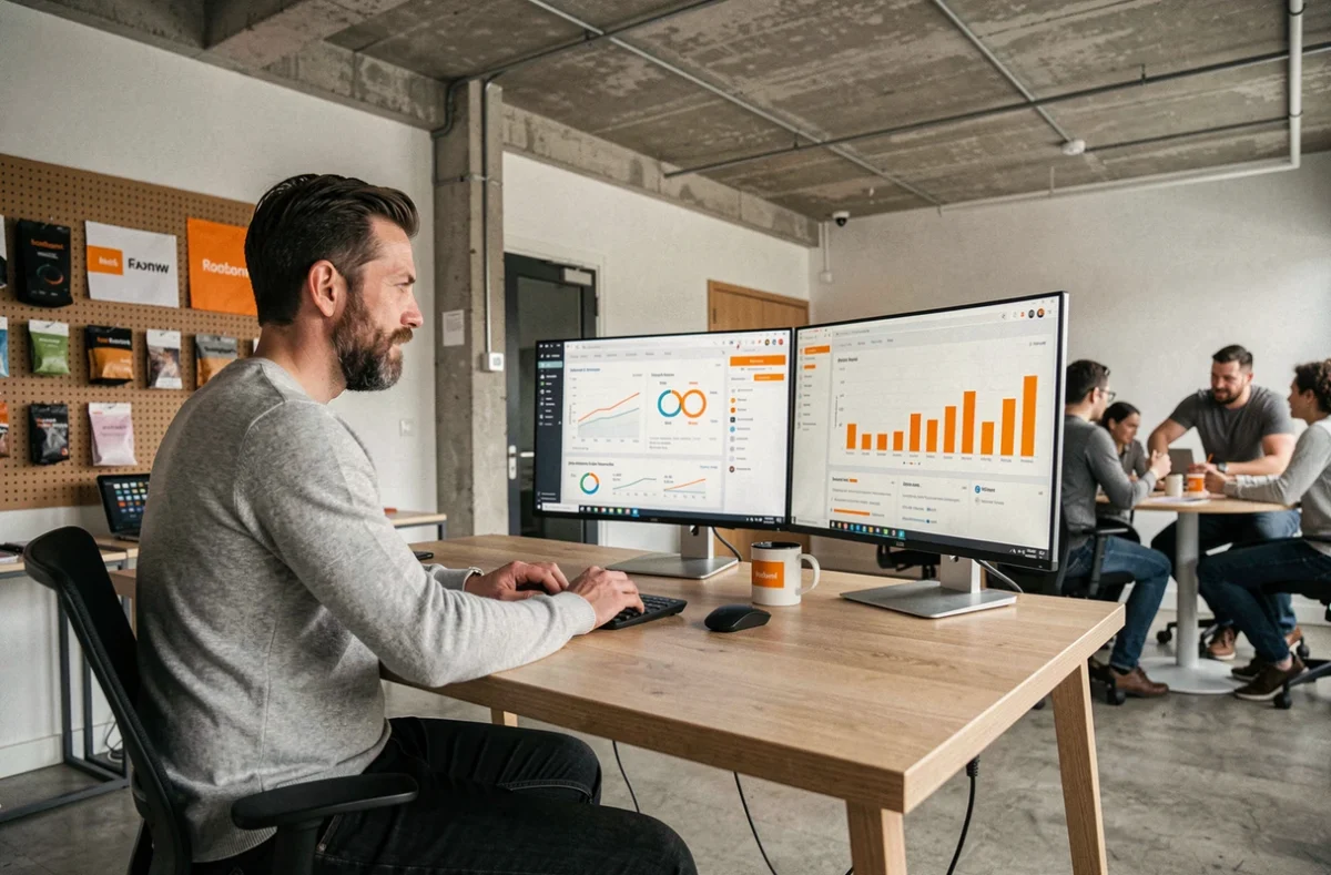Start-up marketeer analyseert groeicijfers en campagnedata op twee schermen in Rotterdam kantoor