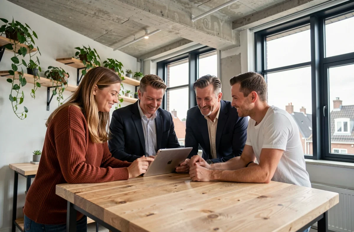 Divers startup-team van vier mensen bespreekt plannen samen in een moderne coworking ruimte in Utrecht