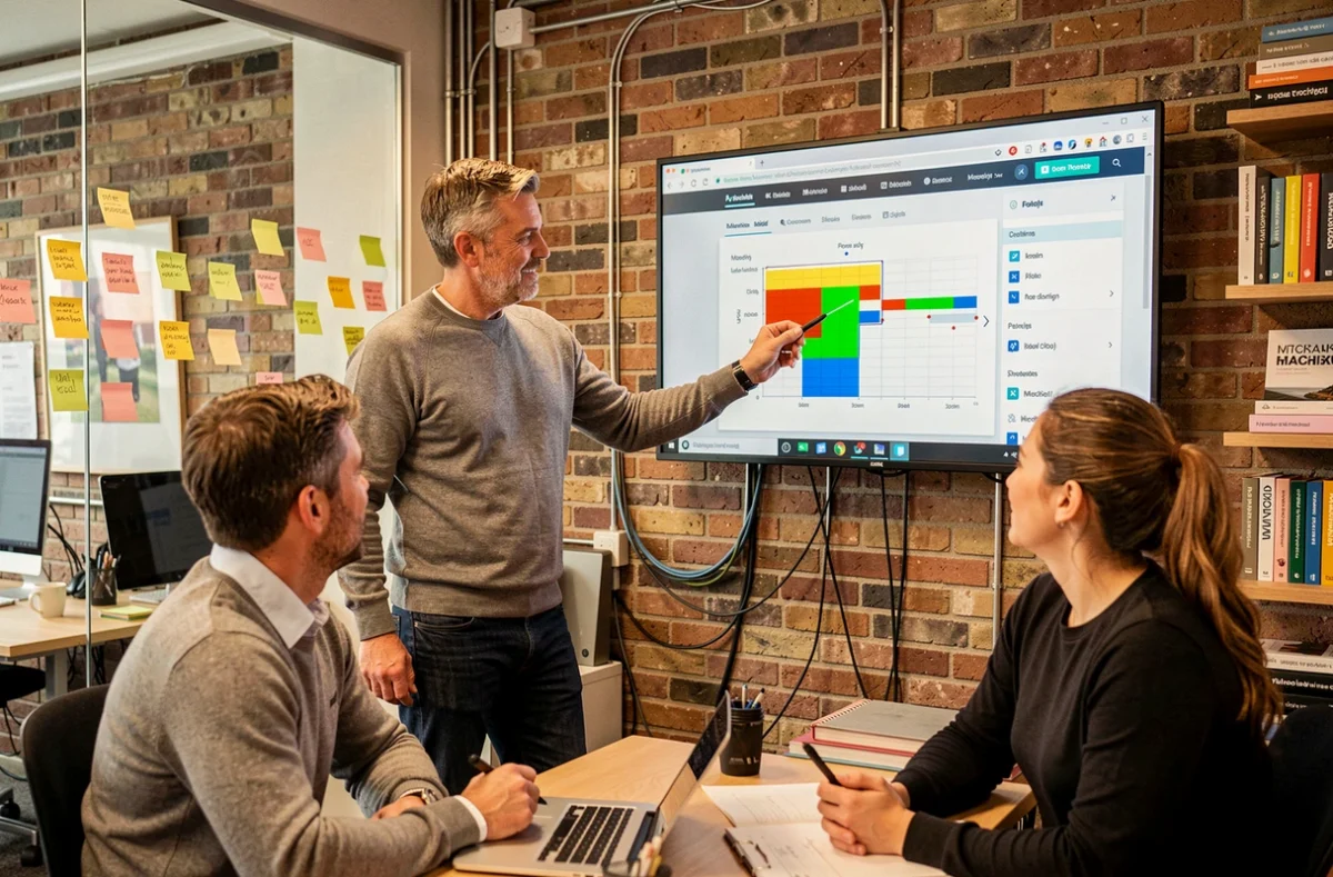 Team van online marketeers bespreekt conversie-optimalisatie strategie bij groot beeldscherm in digitaal bureau
