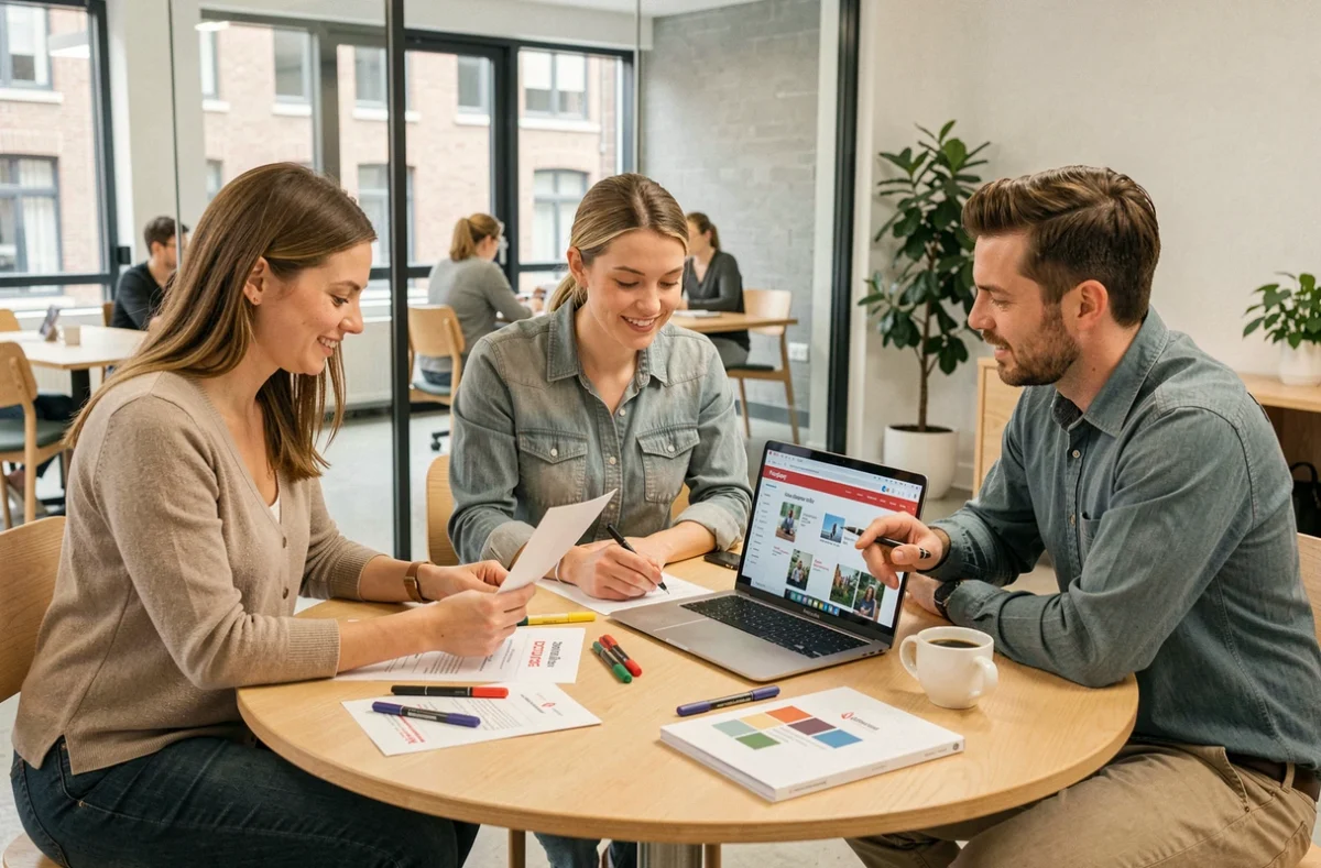 Team van Nederlandse marketingprofessionals bespreekt digitale merkstrategie en campagneplanning in een co-working space in Utrecht