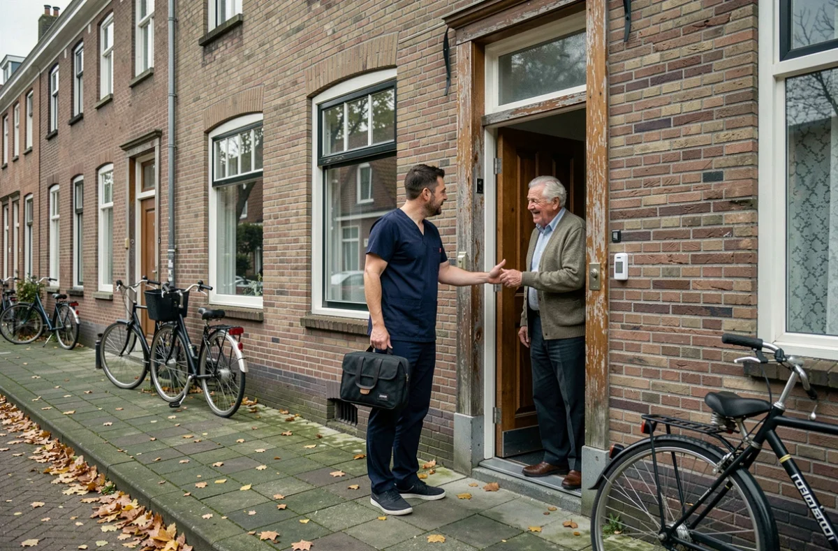 Mannelijke thuiszorgmedewerker wordt verwelkomd aan de voordeur van een Nederlandse rijtjeswoning door een oudere bewoner